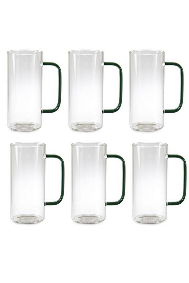 Yeşil Renk Yuvarlak Cam Neskafe, Latte, Kahve Bardak Kulplu Kupa Çeyiz Listesi 400 ml 6 Adet - 1