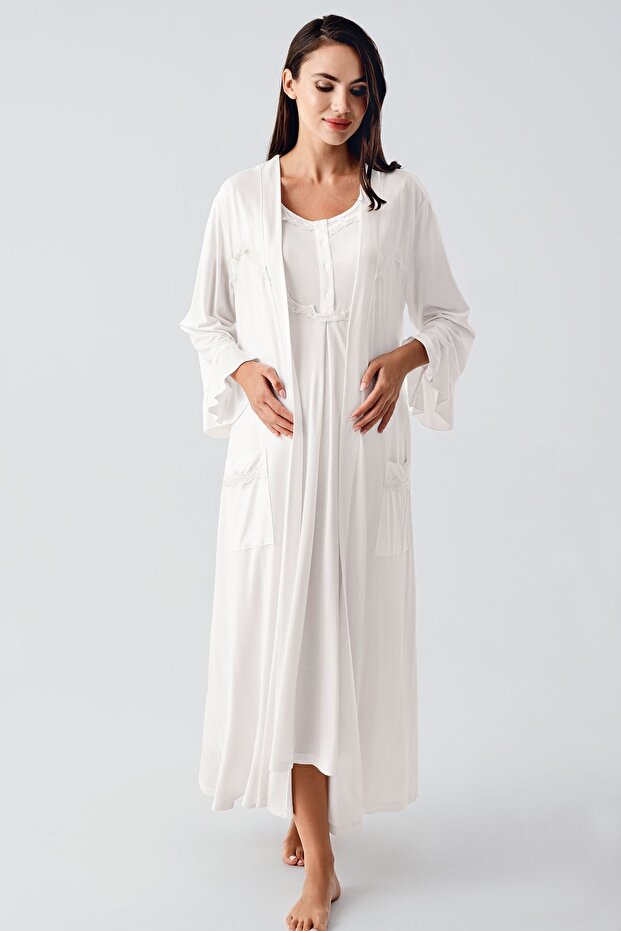 Ecru Viscous Maternity Dressing Gown Nightwear Set - 12401