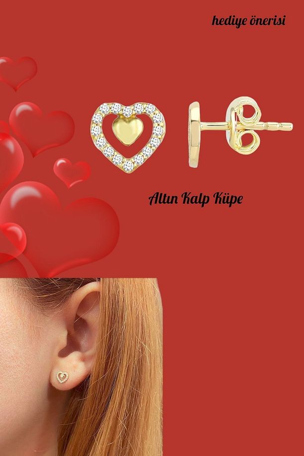 Taşlı Kalp Altın Küpe - 5