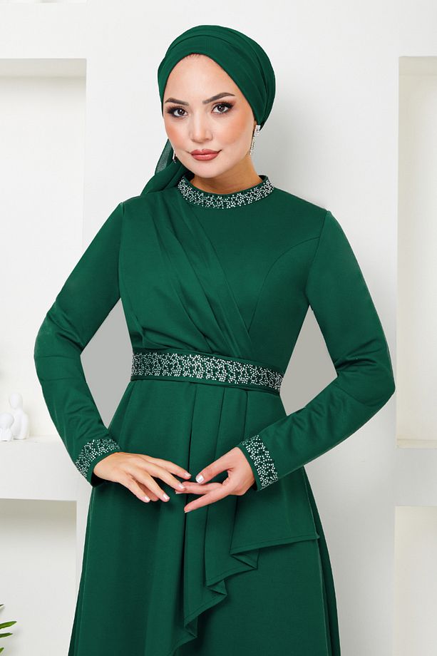 Kemeri Taşlı Tesettür Elbise 268DVL897-M Zümrüt - 4