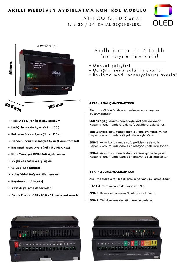 Akıllı Merdiven Aydınlatma At-eco Oled Serisi 20 Kanal Modül 2 Adet Pır Sensör Kit - 4
