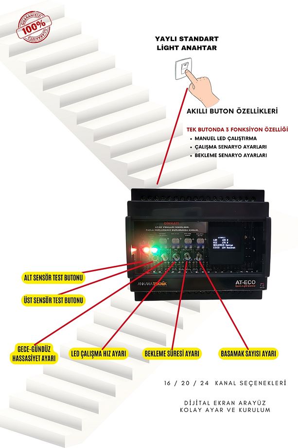 Akıllı Merdiven Aydınlatma At-eco Oled Serisi 20 Kanal Modül 2 Adet Pır Sensör Kit - 3