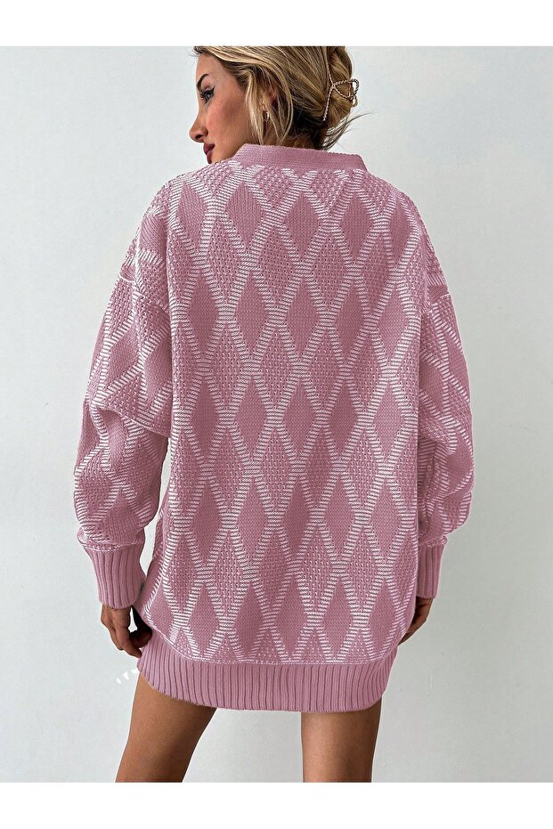 Diamond Patterned Four-button Cardigan - Powder - 2