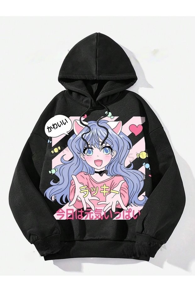 Women's Black Anime Girl Printed 3 Thread Hooded Hoodie Sweatshirt