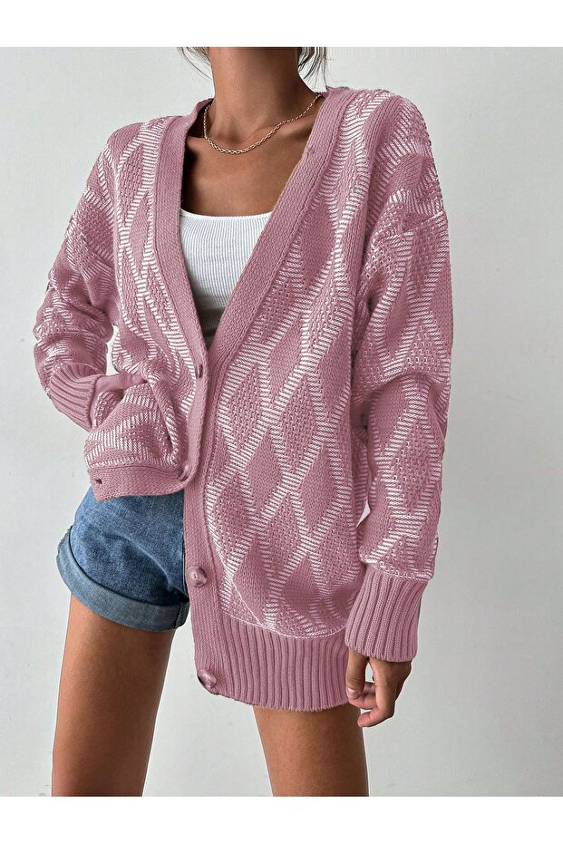 Diamond Patterned Four-button Cardigan - Powder - 3