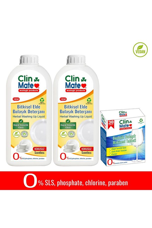 3'lü Set Bitkisel Bebek Elde Bulaşık Deterjanı KOKUSUZ 750 ml 2Adet+ Ekolojik Bulaşık Tableti - 1