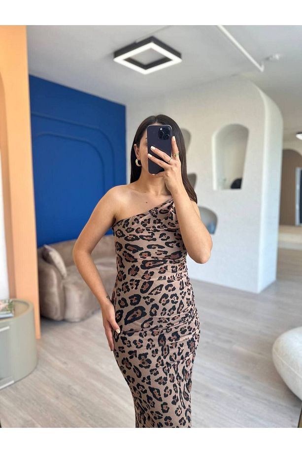 Leopar Tek Kol Elbise - 5