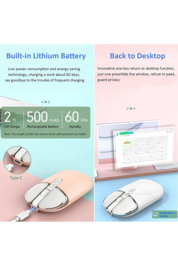 iPad - Macbook Windows Uyumlu Kablosuz , Çift Modlu Taşınabilir Ayarlanabilir DPI Bluetooth Mouse - 3
