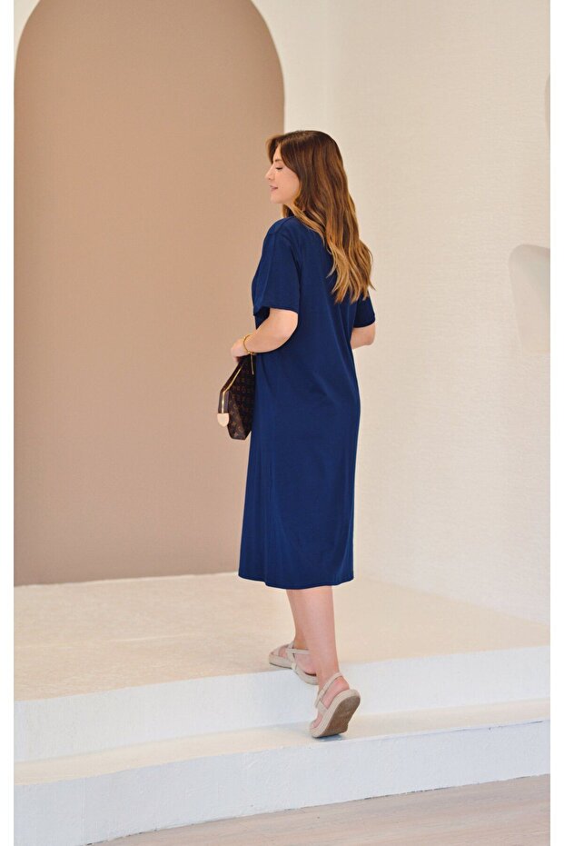 Düz Penye Lacivert Elbise - 3