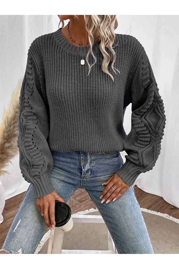 Selanik Knitted Sleeve Motif Crew Neck Anthracite Knitwear Sweater