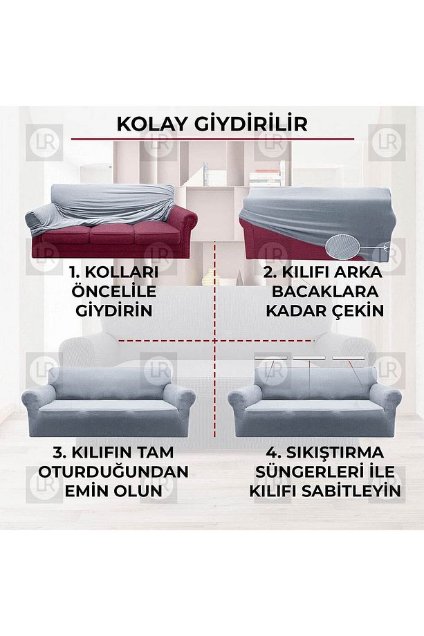 Çocuk Ve Evcil Hayvan Dostu Leke Tutmaz, Yıkanabilir 3 Kişilik Lastikli Koltuk Örtüsü - 4