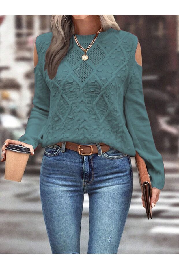 Women's Crew Neck Mesh Detailed Hair Braid Execution Patterned Shoulder Detailed Mint Knitwear Sweater
