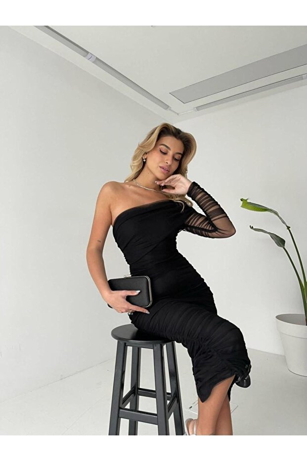 Siyah Tek Kol Drapeli Elbise - 2