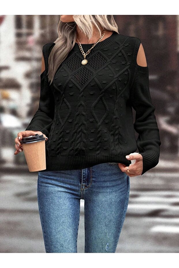 Women's Crew Neck Mesh Detailed Hair Braid Execution Patterned Shoulder Detailed Black Knitwear Sweater