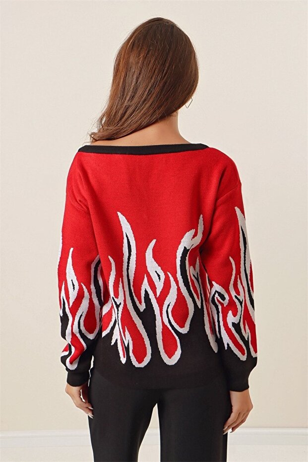 سترة بنمط اللهب برقبة على شكل حرف V - 4