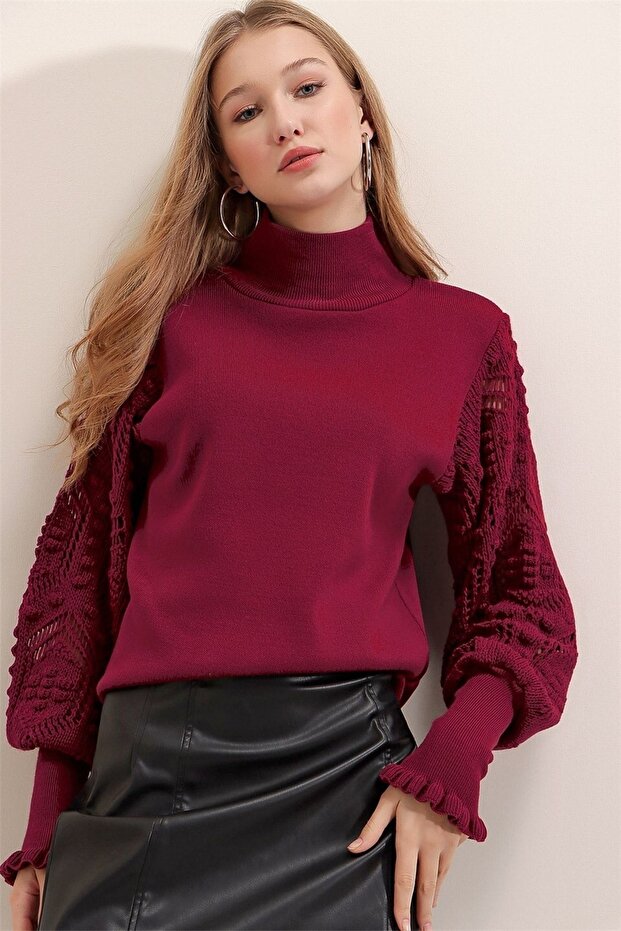 Women's Claret Red Half Turtle Sleeve Lace Detailed Sweater