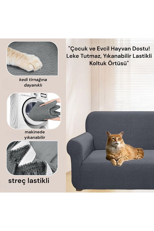 Çocuk Ve Evcil Hayvan Dostu Leke Tutmaz, Yıkanabilir 3 Kişilik Lastikli Koltuk Örtüsü - 3