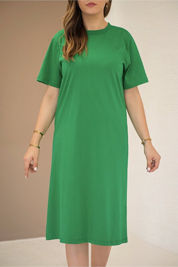 Düz Penye Yeşil Elbise - 2