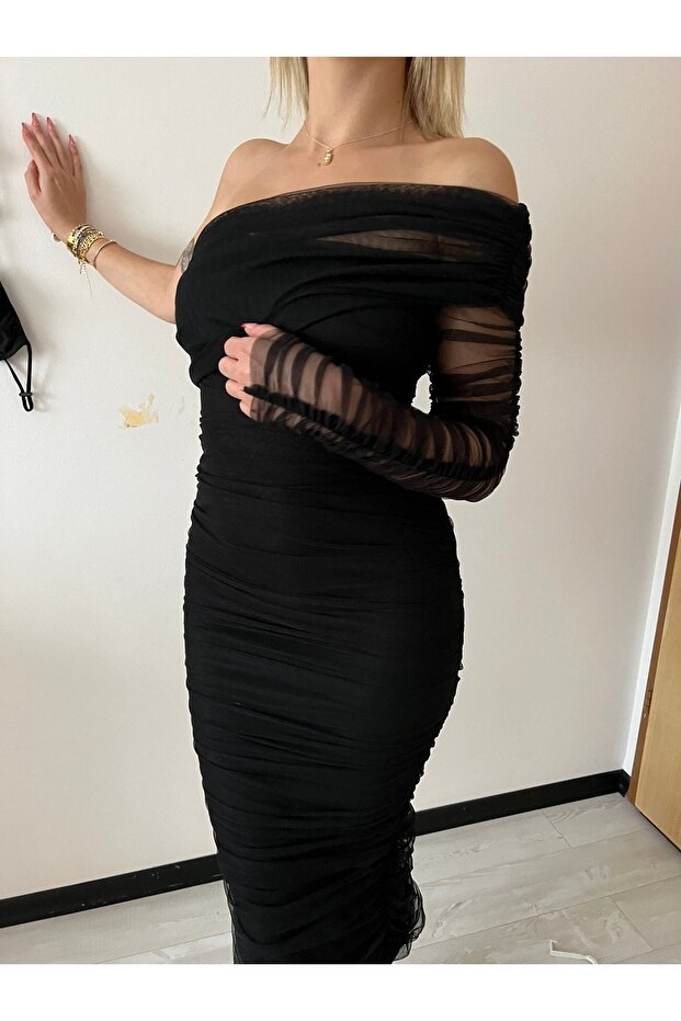 Siyah Tek Kol Drapeli Elbise - 7