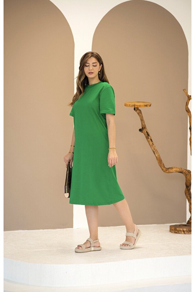 Düz Penye Yeşil Elbise - 1