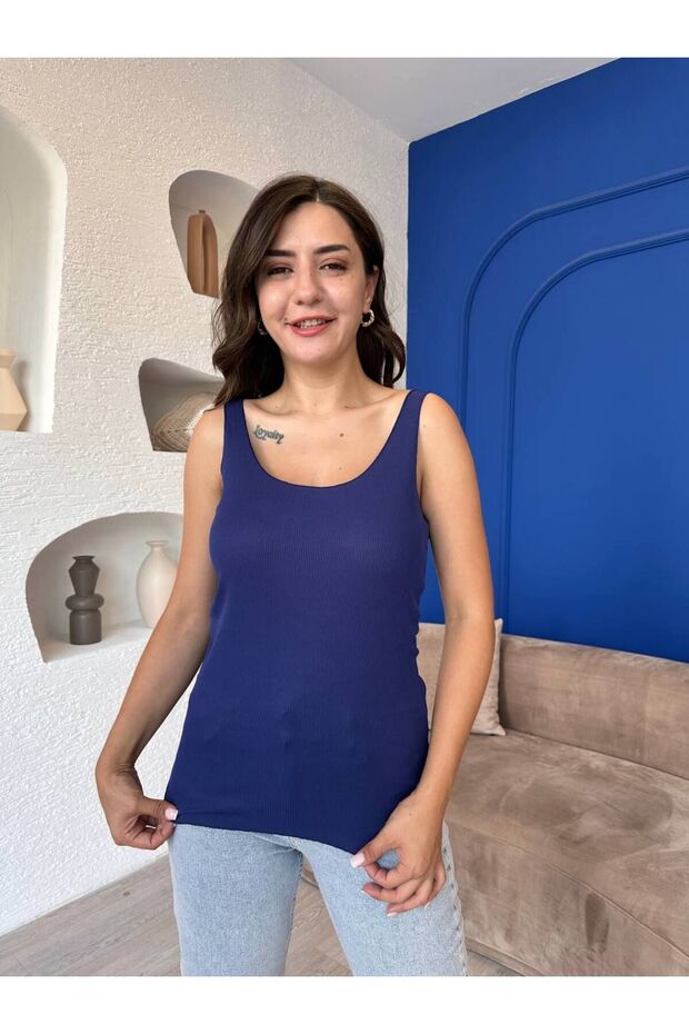 Thin Strap Saks Blue Basic Tank Top - 3