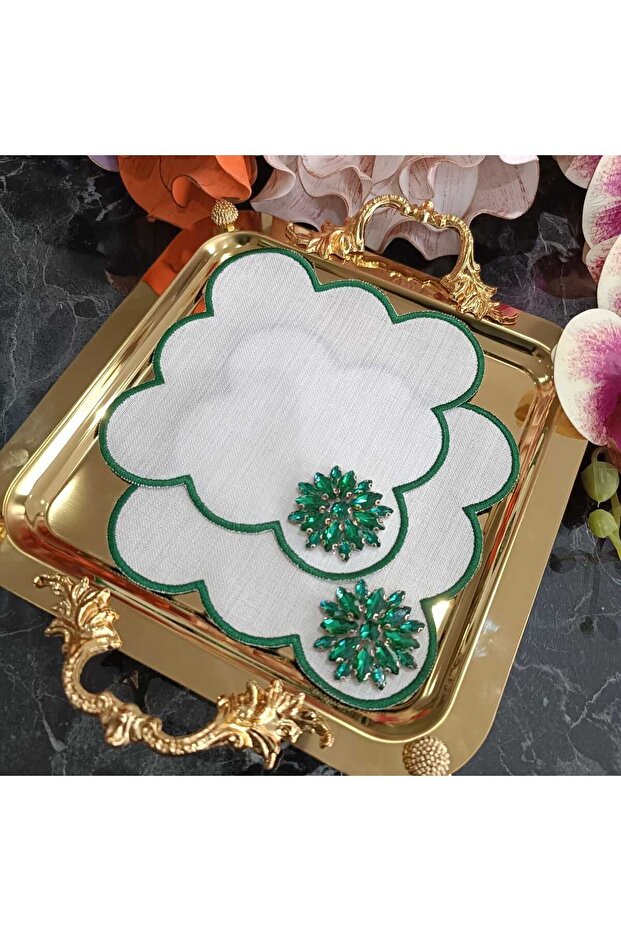 Fleur De Pierre (TAŞ ÇİÇEK) Zümrüt Yeşili Kahve Yanı Kokteyl Peçetesi Leke Tutmayan Kumaş 2 Adet - 4