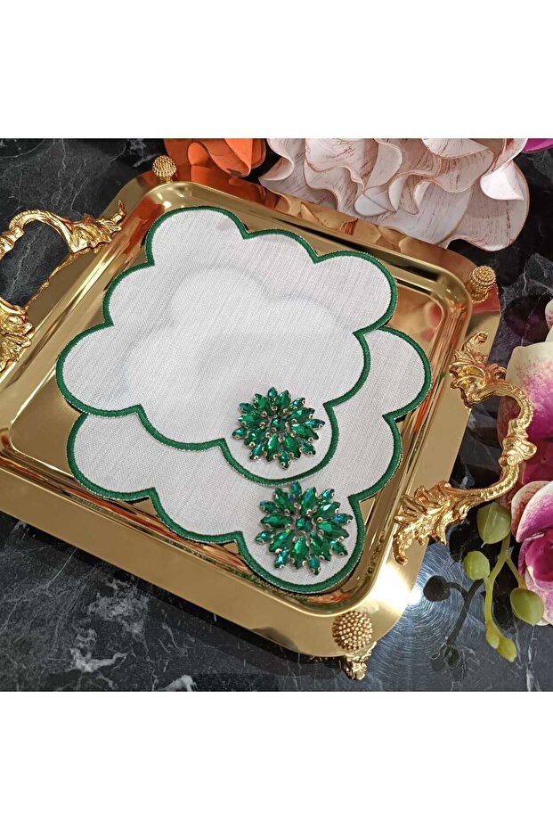 Fleur De Pierre (TAŞ ÇİÇEK) Zümrüt Yeşili Kahve Yanı Kokteyl Peçetesi Leke Tutmayan Kumaş 2 Adet - 5