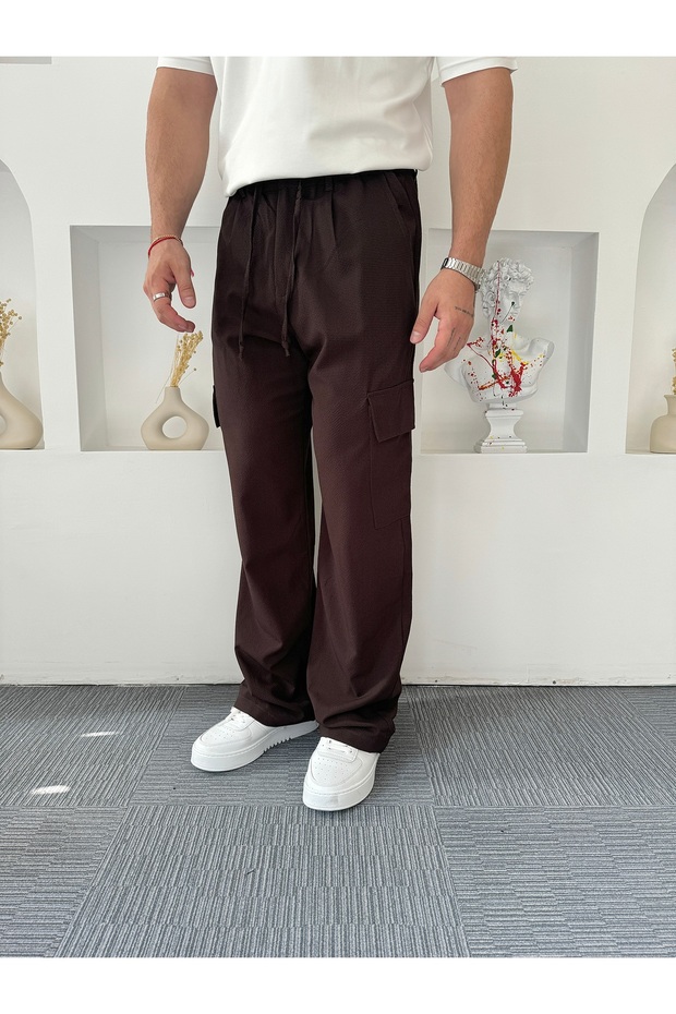 Acı Kahve Gofre Kumaş Baggy Kargo Pantolon - 6