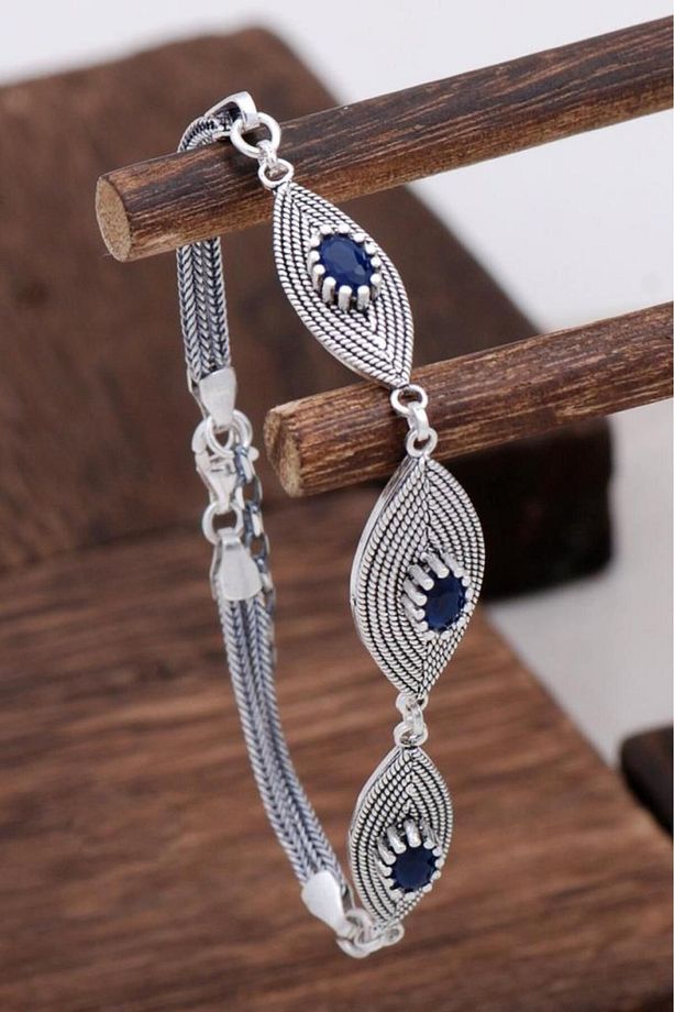 Safir Taşlı Tasarım Telkari Gümüş Bileklik 3127 - 1