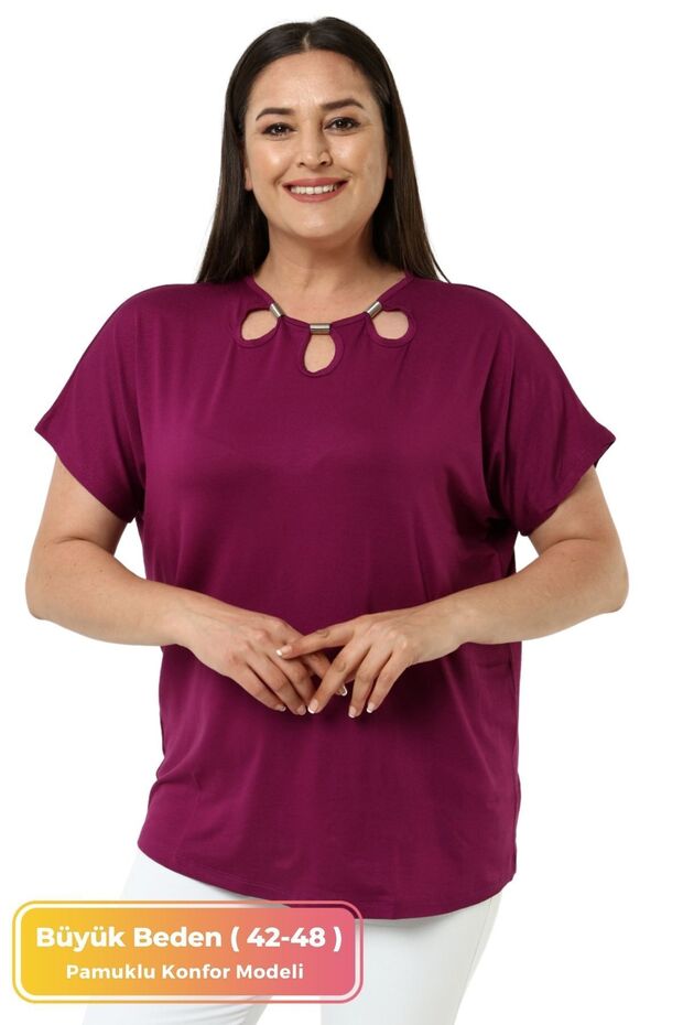 Plus Size Comfort Model Stylish Collar Detailed Tights Over Cotton Short Sleeve Luxury Evening Dress Tunic T-shirt