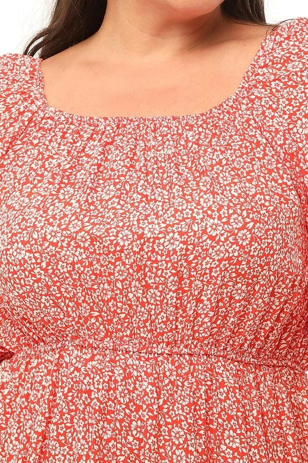 Büyük Beden Çiçek Desenli Yakası & Beli Lastikli Curve 4 Mevsim Konfor Modeli Balon Kollu Elbise - 7