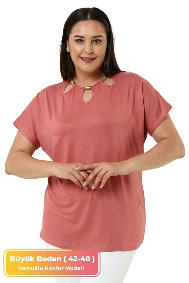 Plus Size Comfort Model Stylish Collar Detailed Tights Over Cotton Short Sleeve Luxury Evening Dress Tunic T-shirt