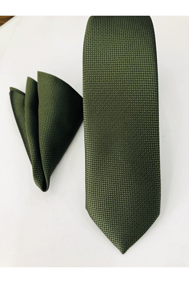 Khaki Green / Woven Fabric Slim Tie with Handkerchief
