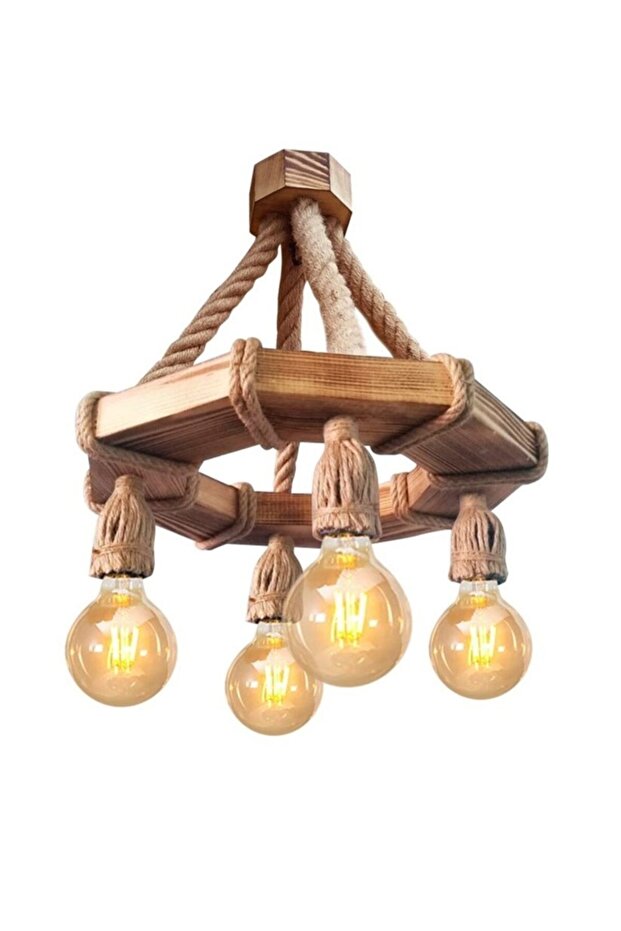 Ahşap Halatlı Dekoratif Rustik 4'lü Avize - 1