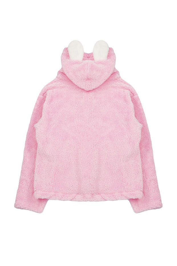 Dziewczęcy pluszowy płaszcz z kapturem - pudrowy Tkdaw25mo00009 - 2