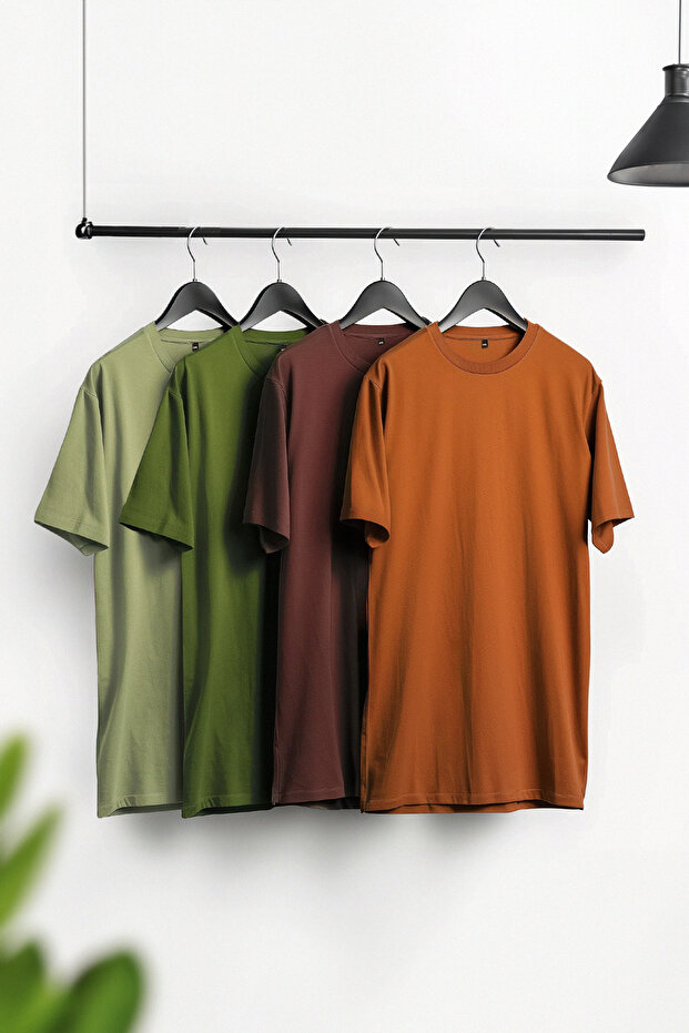 Unisex Kahverengi-Haki-Turuncu-Açık Yeşil Slim Kesim 4'lü Basic %100 Pamuk T-Shirt TMNSS24TS00262 - 1