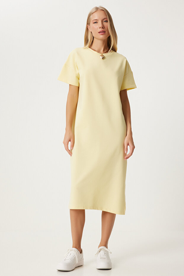 Women's Yellow Cotton Summer Casual Combed Dress Ub00080