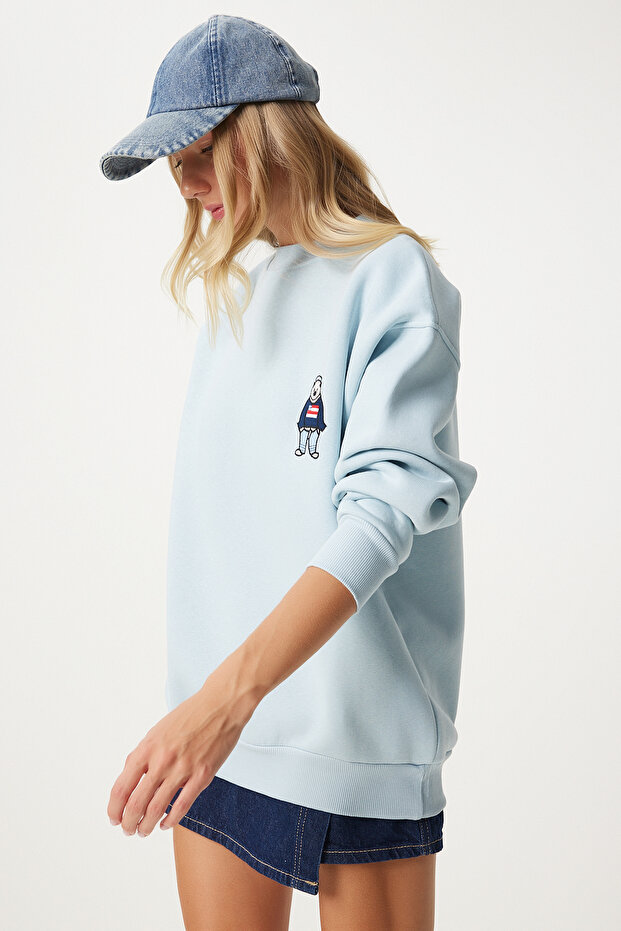 Women's Sky Blue Embroidered Emblem Oversize Sweatshirt Nj00160