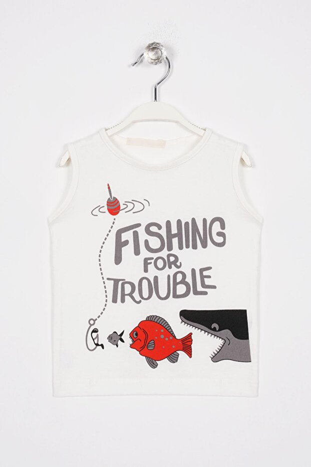 Fishing for Trouble Text Printed Ecru Color Boys' T-Shirt