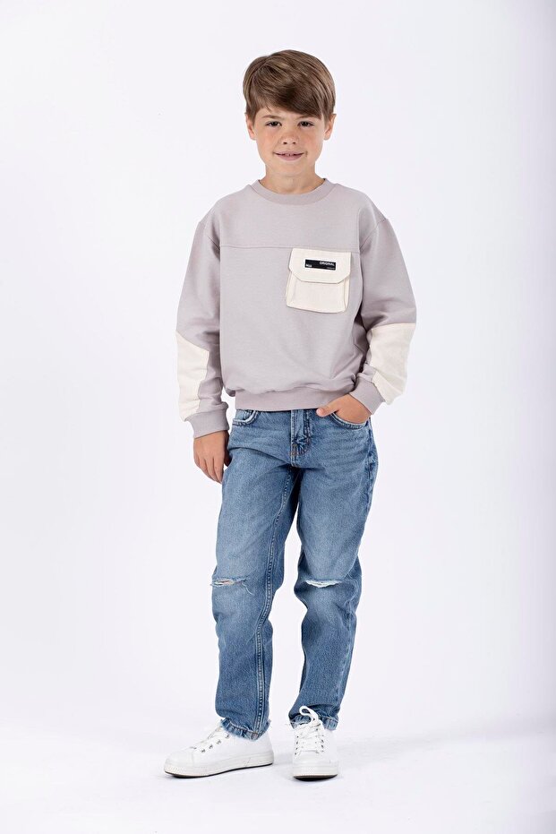 Crew Neck Long Sleeve Pocket Detailed Sweat Stone Color Boy's Sweatshirt