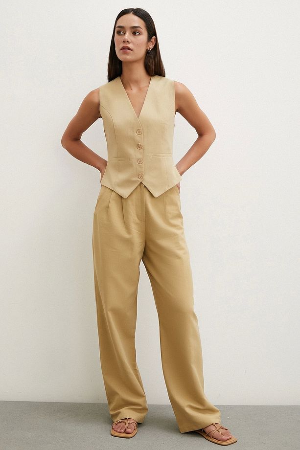 Boru Paça Yüksek Bel Keten Pantolon Camel - 1