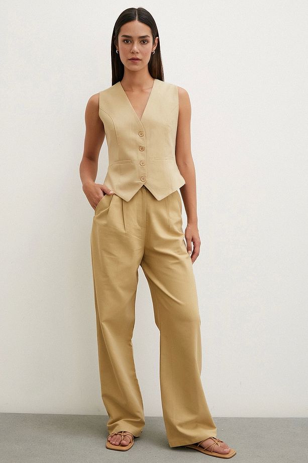 Boru Paça Yüksek Bel Keten Pantolon Camel - 2