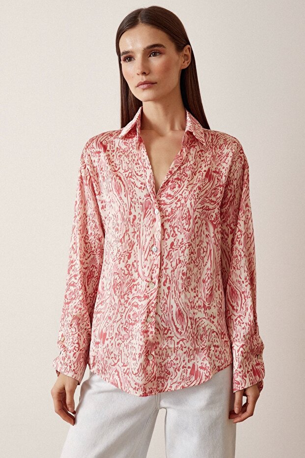 V-Neck Patterned Satin Shirt - 4