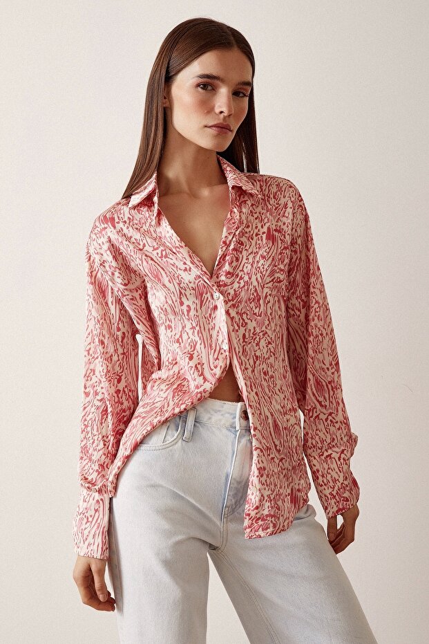 V-Neck Patterned Satin Shirt - 1