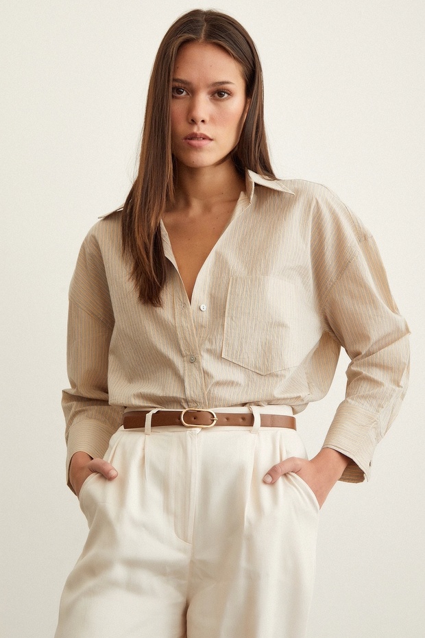 Çizgili Oversize Gömlek Bej - 1