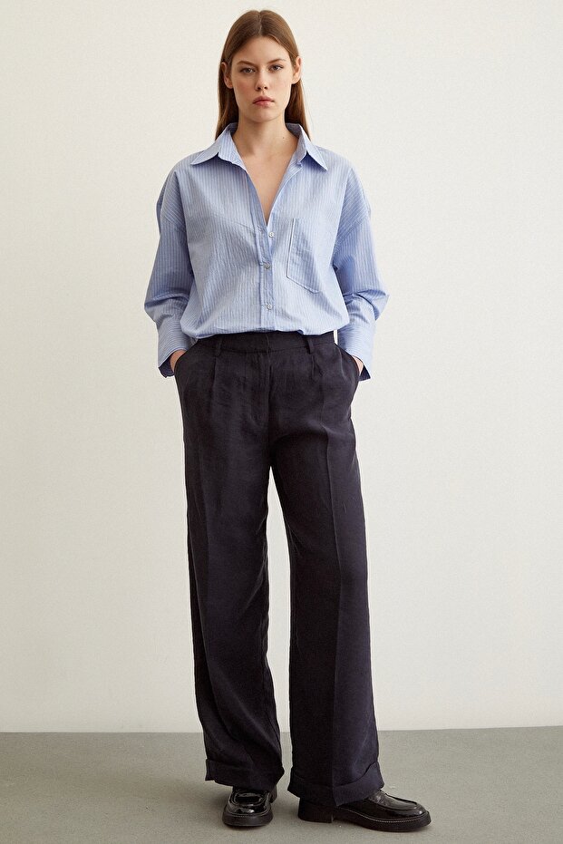 Çizgili Oversize Gömlek Mavi - 5