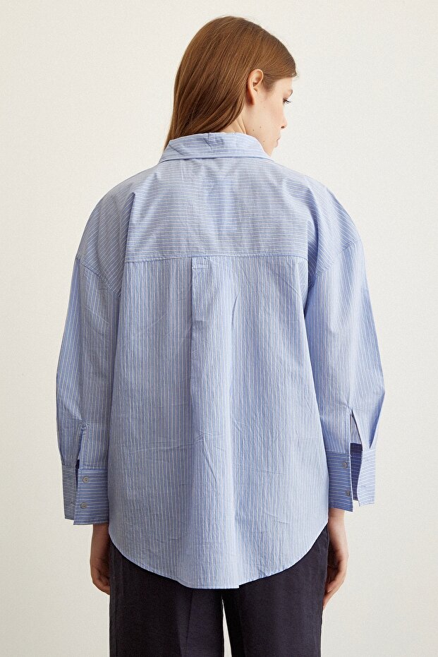 Çizgili Oversize Gömlek Mavi - 4