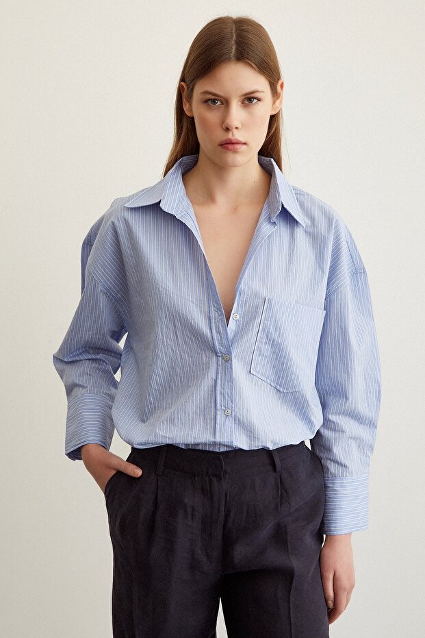 Çizgili Oversize Gömlek Mavi - 1