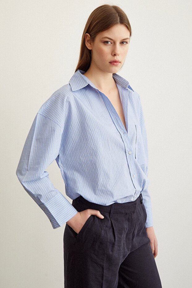 Çizgili Oversize Gömlek Mavi - 6