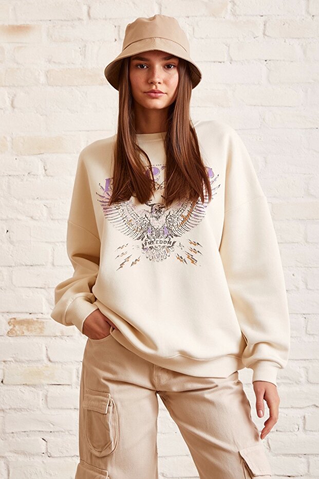 Bisiklet Yaka Baskılı Sweatshirt - 2